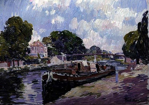 O Canal Boat, Bougival (óleo a bordo) de Paul Mathieu