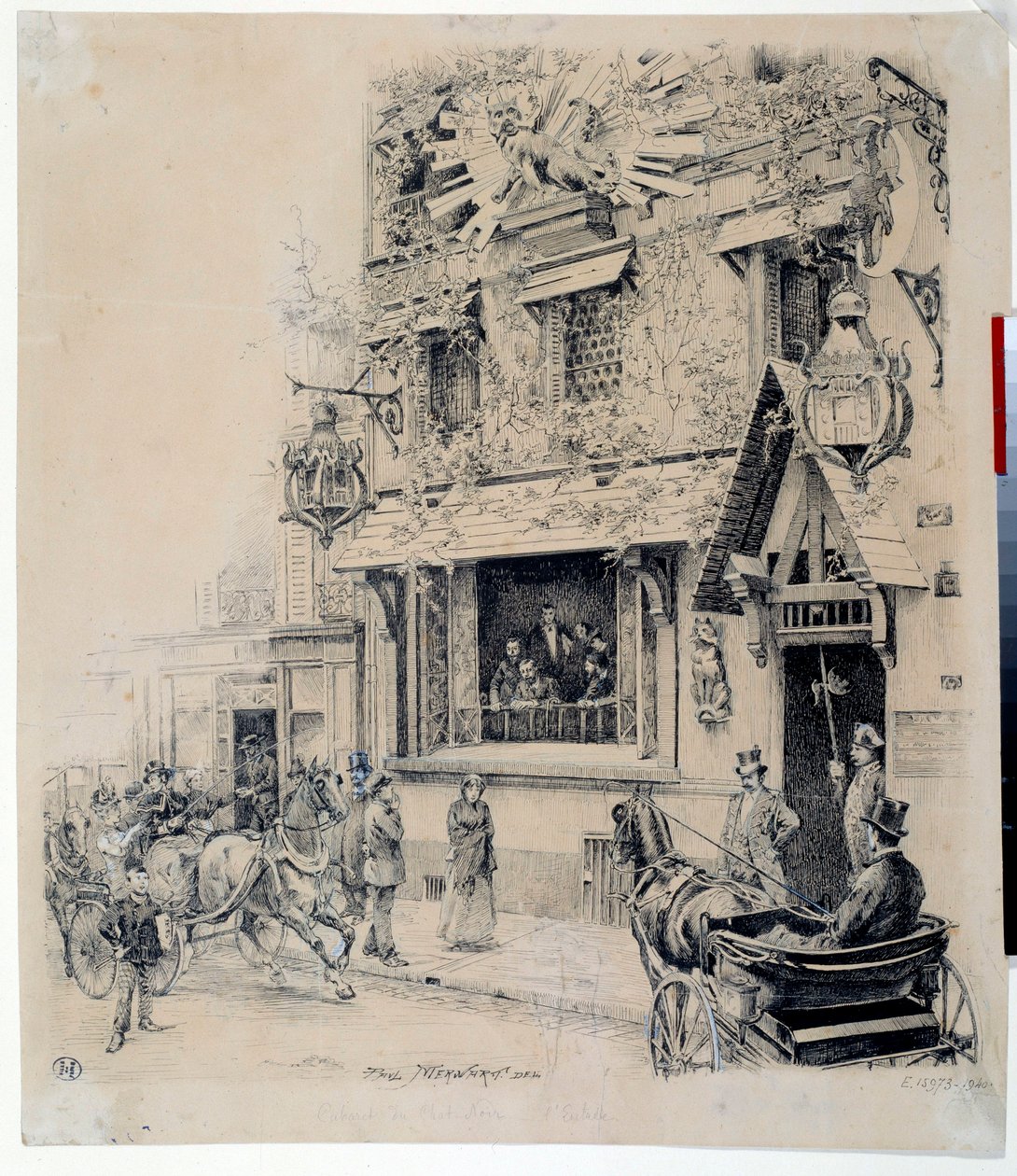 Vista da entrada para o Cabaret du Chat Noir. Desenho de tinta de Paul Merwart (1855-1902) Paris do século XIX, Musee Carnavalet de Paul Merwart
