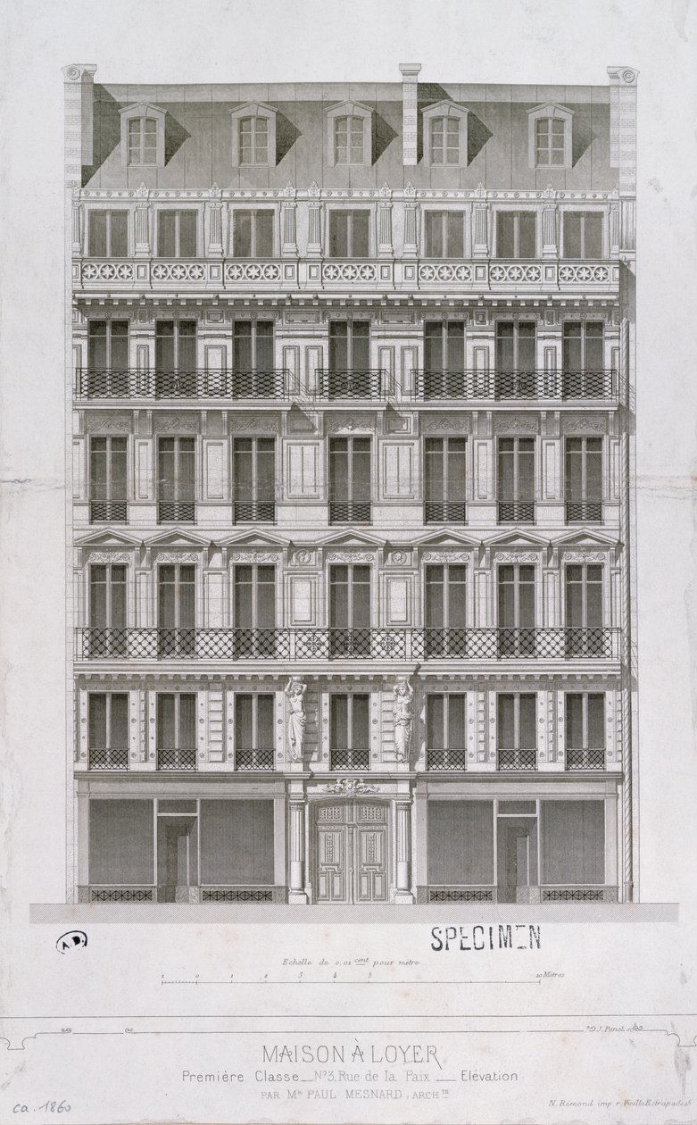 Projeto para um bloco de apartamentos do estilo Haussmann na rue de la Paix, Paris, c.1860 de Paul Mesnard