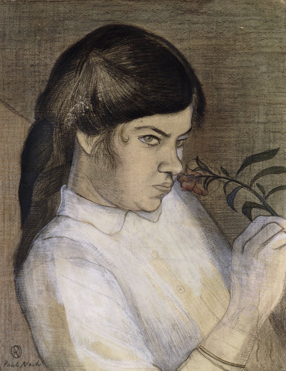 Retrato de Barbara Nash, a Irmã do Artista, c.1911-12 (lápis, giz de cera preto e colorido, aquarela e bodycolour ele) de Paul Nash