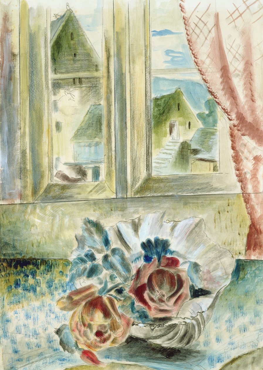Rosas vermelhas em concha (lápis, giz e aguarela sobre papel) de Paul Nash