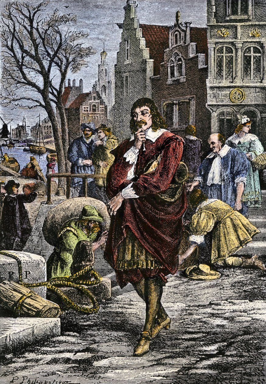 René Descartes a passear pelas ruas de Amesterdão de Paul Phillipoteaux