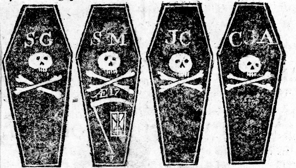Desenho dos quatro caixões do massacre de Boston, impresso no Boston Gazette, 12 de março de 1770 de Paul Revere