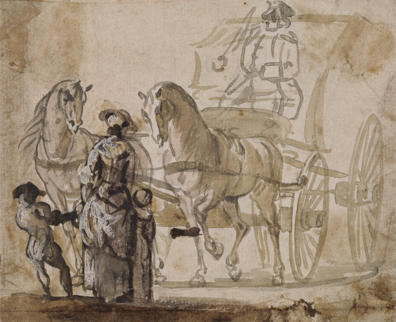 Uma carruagem e par, com cocheiro (lavagem cinza e marrom realçada com branco no papel) de Paul Sandby