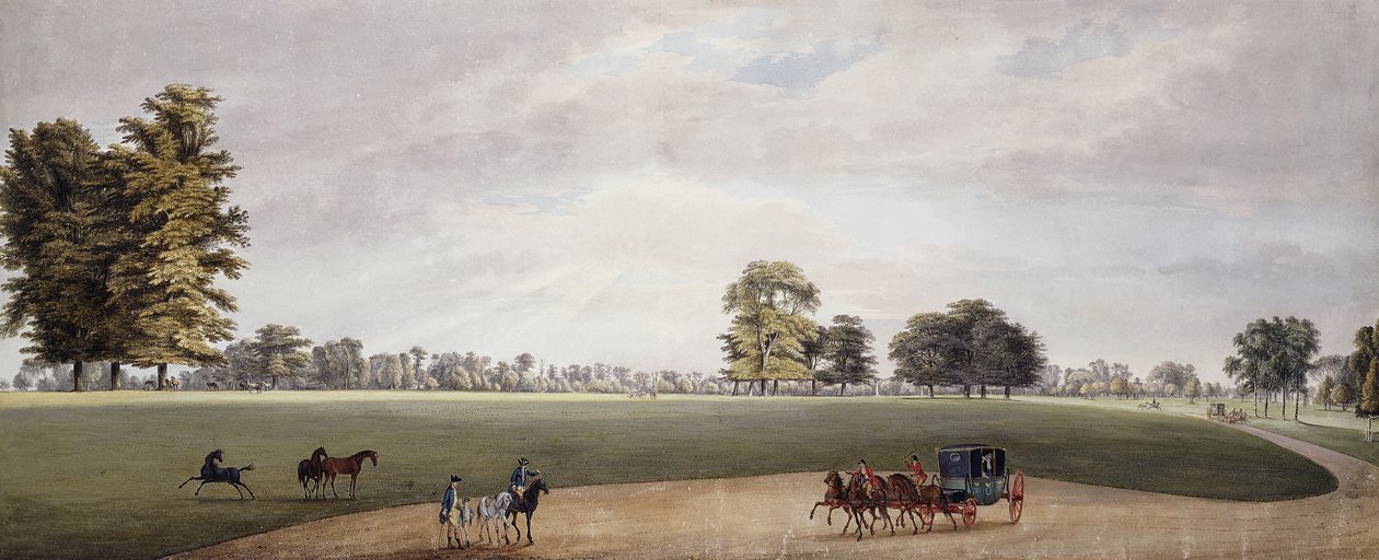 Uma carruagem no parque em Luton sendo recebida por cavaleiros e frisking potros, de Paul Sandby