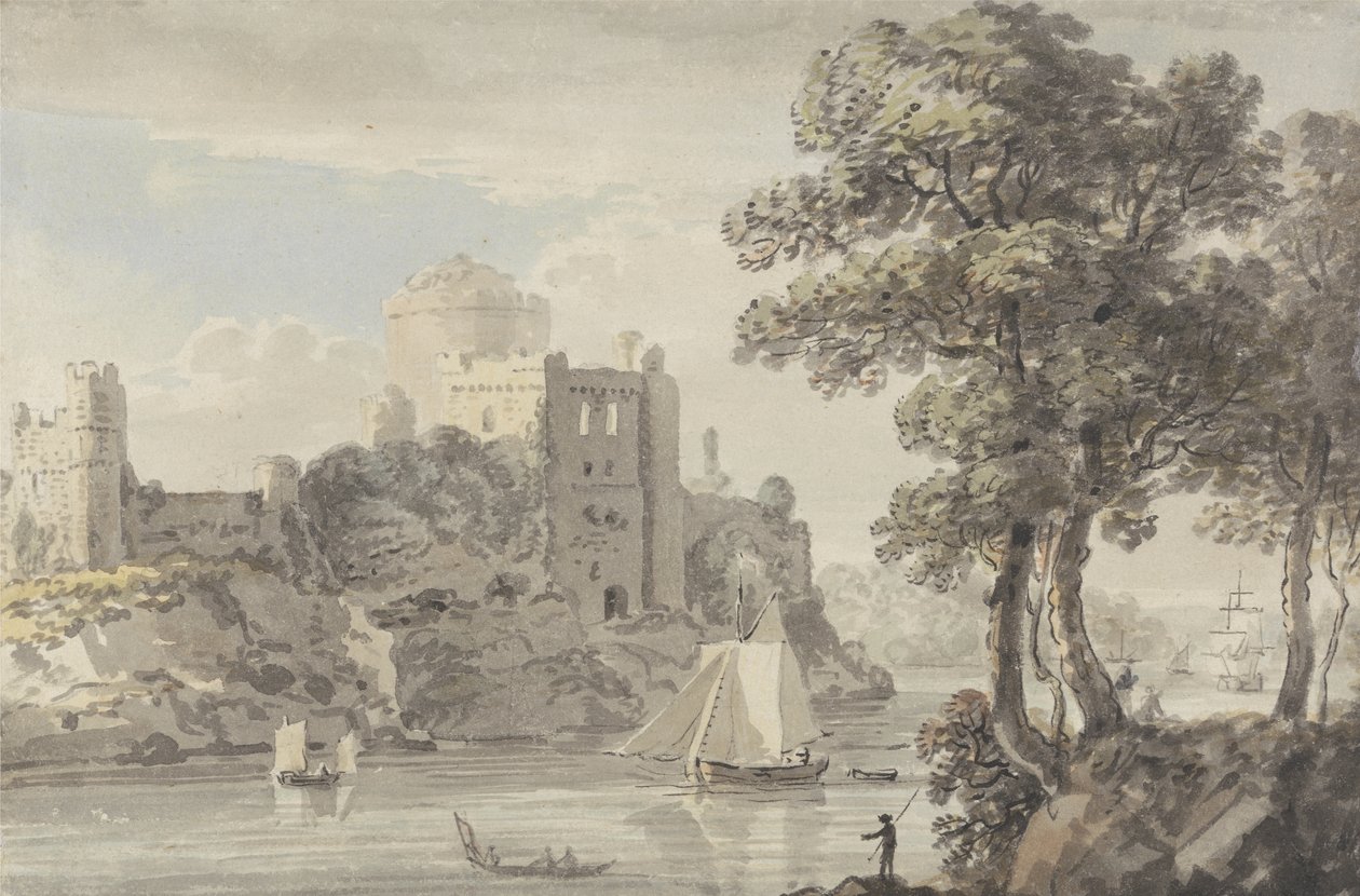 Um castelo no rio (lápis e aquarela sobre papel) de Paul Sandby