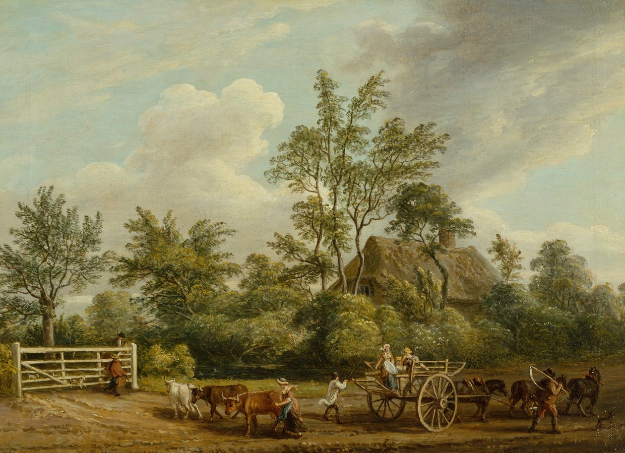 Um carrinho de feno com trabalhadores agrícolas e gado perto de Easton Park, Suffolk (óleo sobre tela) de Paul Sandby