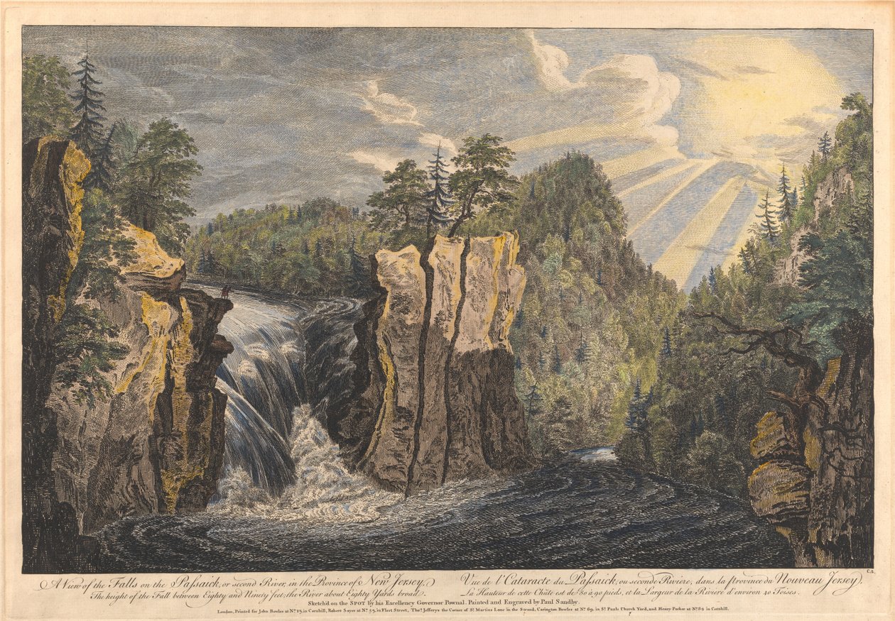 Vista das quedas de água do Passaic, ou Second River, na província de Nova Jérsia de Paul Sandby