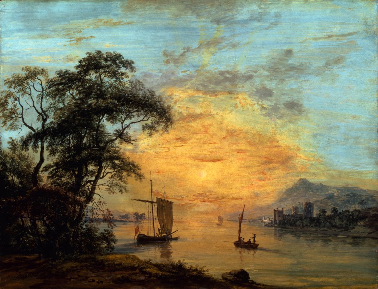 Uma paisagem fluvial galesa ao pôr do sol. de Paul Sandby