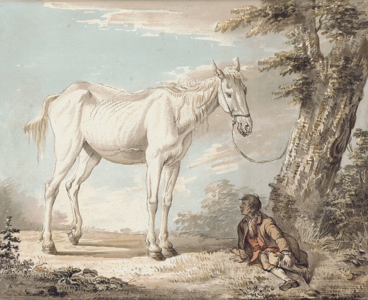 Um velho cavalo cinza amarrado a uma árvore, um menino descansando nas proximidades de Paul Sandby