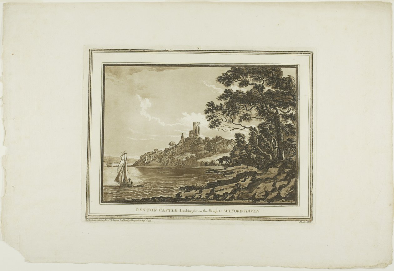 Benton Castle Olhando para baixo do alcance para Milford Haven, de Twelve Views em Aquatinta de desenhos tirados no local em South Wales de Paul Sandby