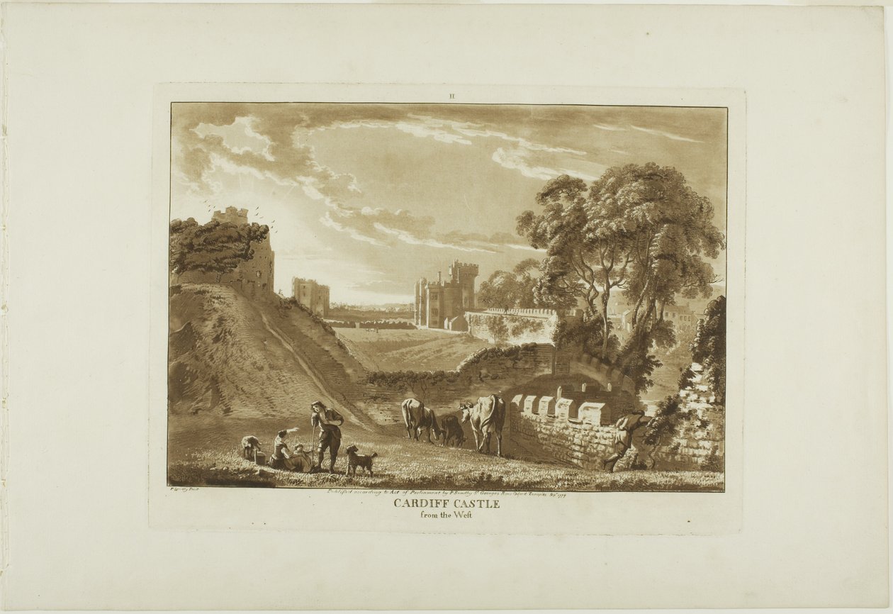 O Castelo de Cardiff visto do Ocidente, prato dois de Doze vistas do País de Gales de Paul Sandby