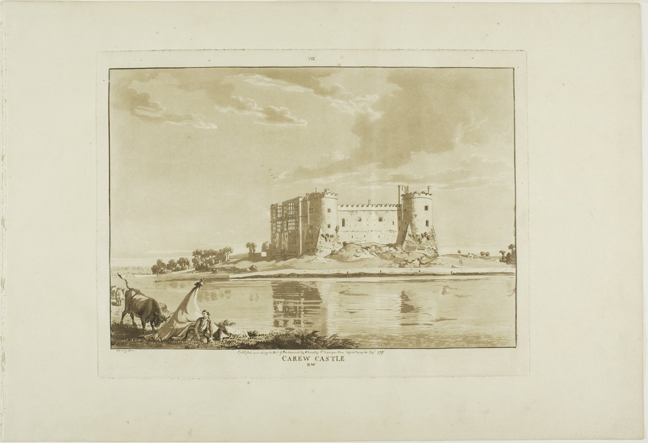 Carew Castle, placa oito de Doze Vistas do País de Gales de Paul Sandby