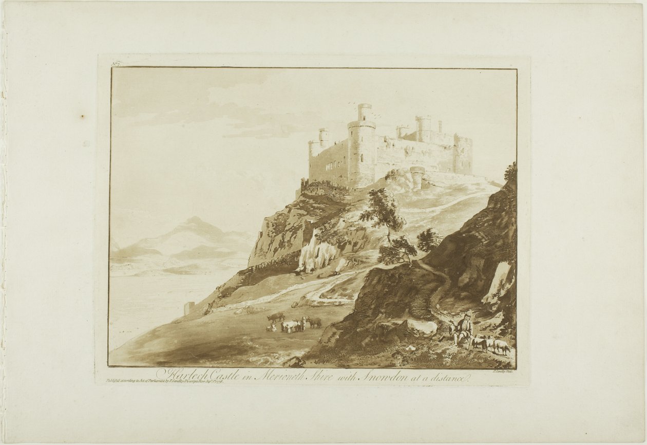 Castelo Harlech em Merioneth Shire com Snowdon à distância de Paul Sandby