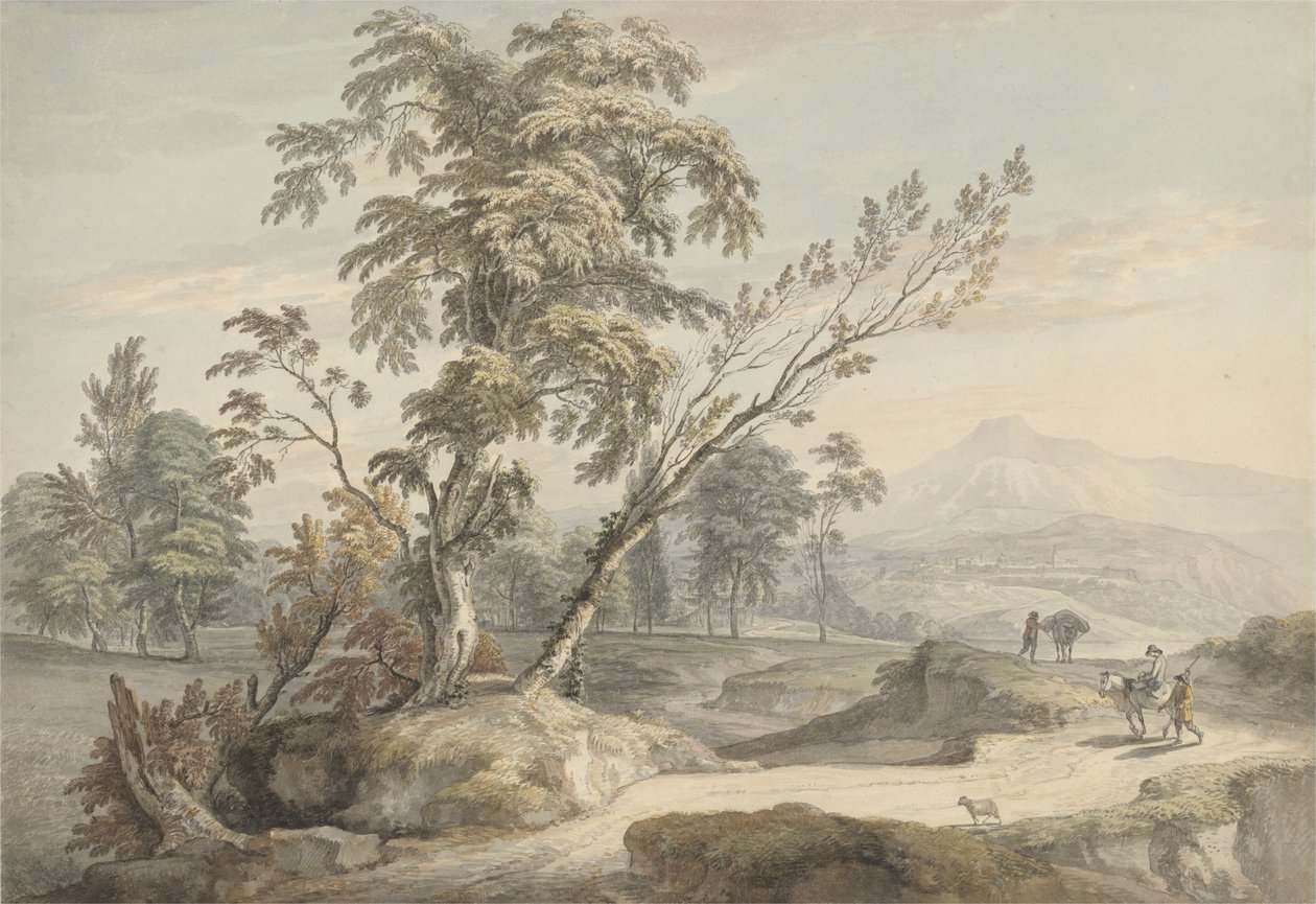 Italianate Landscape with Travellers no.2, c.1760 (aquarela, caneta e tinta cinza sobre grafite) de Paul Sandby