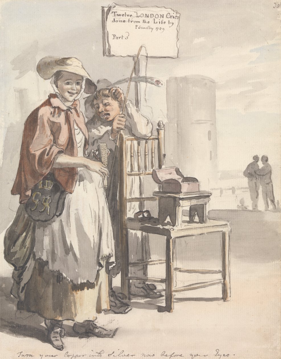 Londres Cries: "Transforme o seu Cobre em Prata Agora Antes dos Seus Olhos" (Desenho da Página de Título) de Paul Sandby