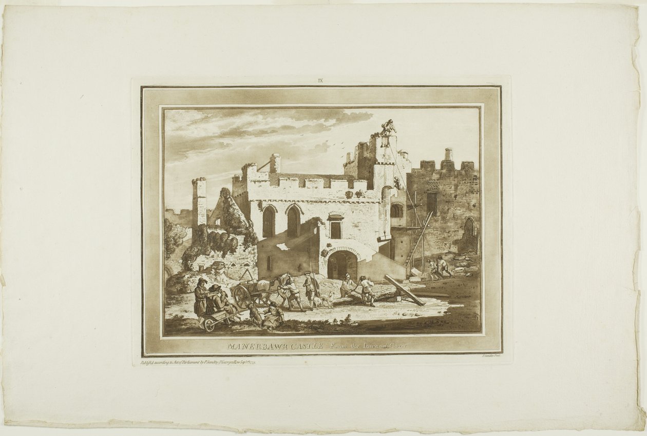 Castelo de Manerbawr, de Twelve Views in Aquatinta de desenhos feitos no local em South Wales de Paul Sandby