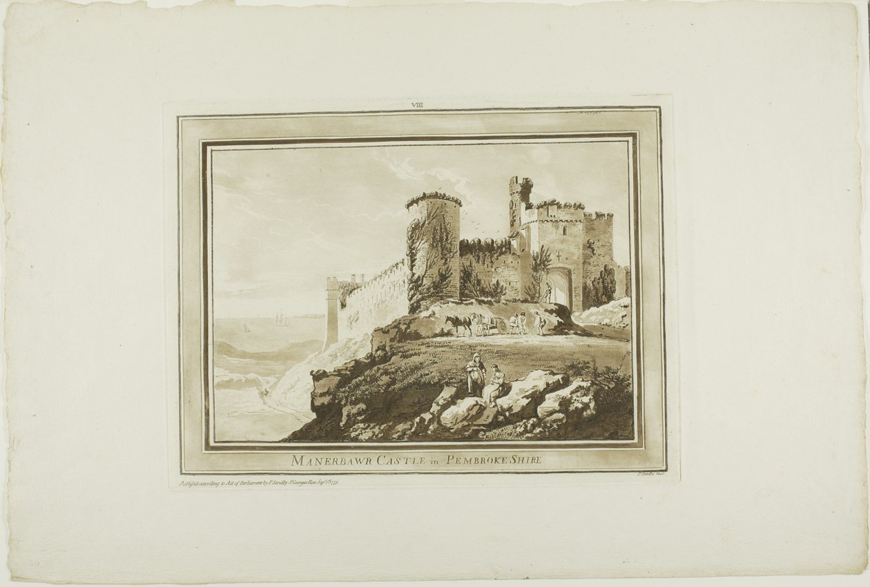 Castelo de Manorbier em Pembrokeshire, de Twelve Views in Aquatinta de desenhos feitos no local em South Wales de Paul Sandby