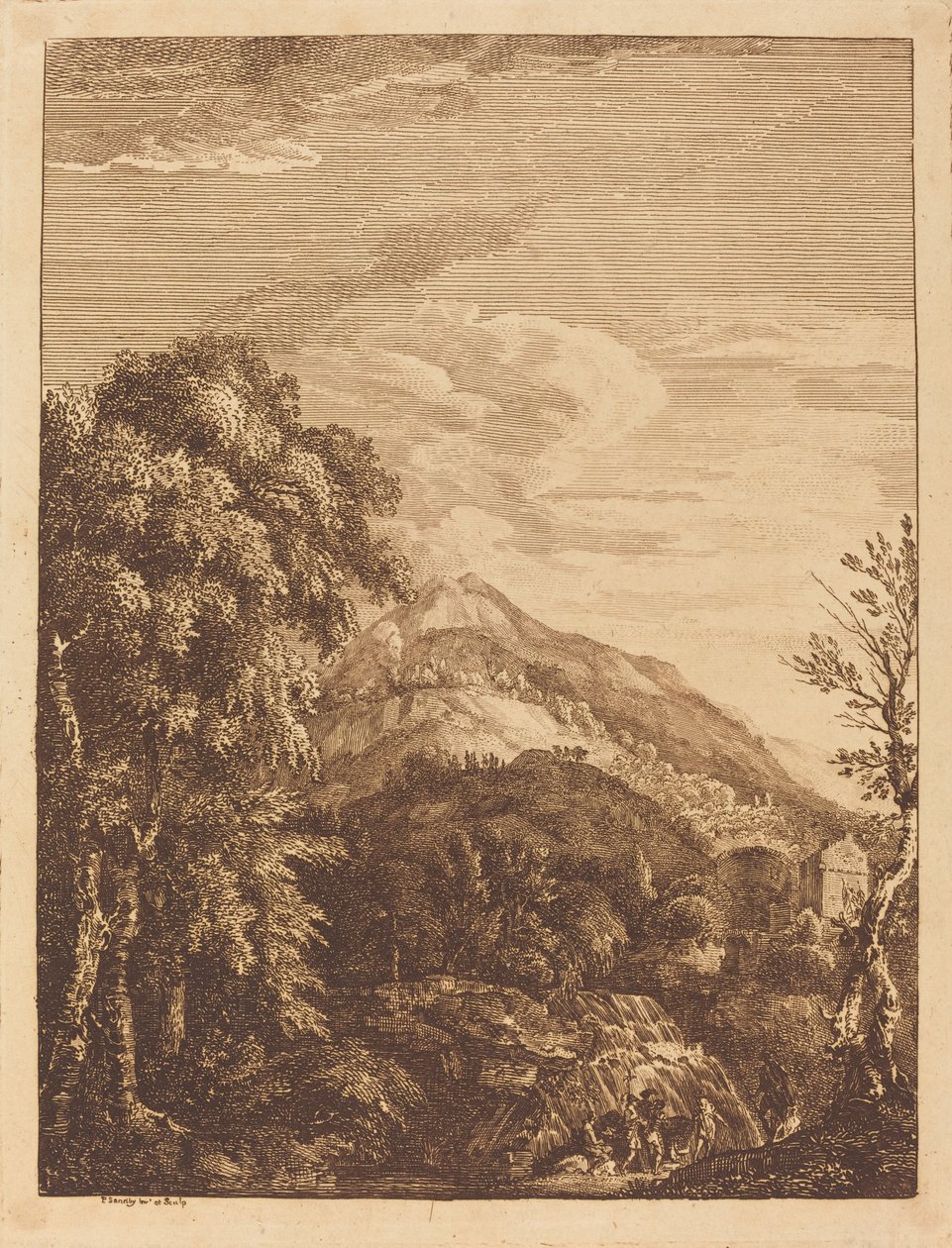 Paisagem montanhosa com cachoeira, torre redonda, castelo e banditti de Paul Sandby