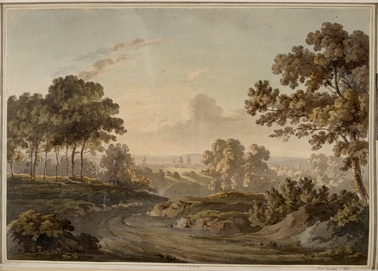 Oxford [gráfico]. Pastor que pastoreia ovelhas na estrada para Oxford, visível no horizonte iluminado pelo brilho do pôr-do-sol. de Paul Sandby