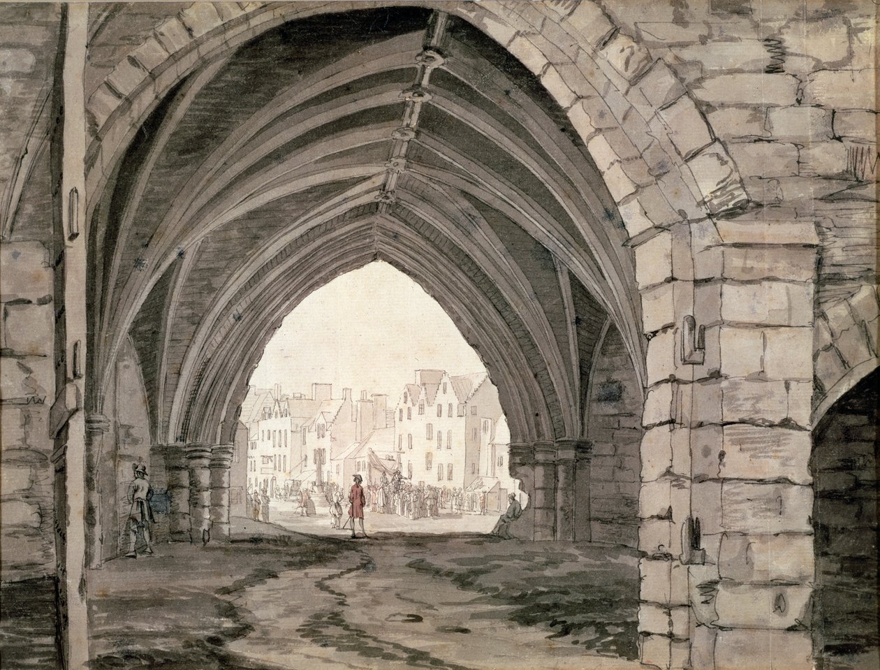Parte da Abadia de Holyrood com uma vista do Canongate (caneta e tinta com lavagem) de Paul Sandby