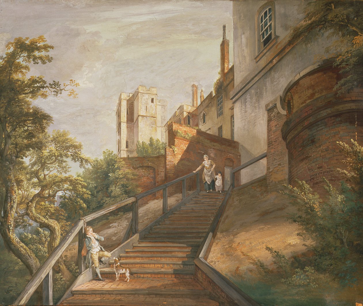Parte dos Cem Degraus e Torre Winchester, Castelo de Windsor (guache sobre couro) de Paul Sandby
