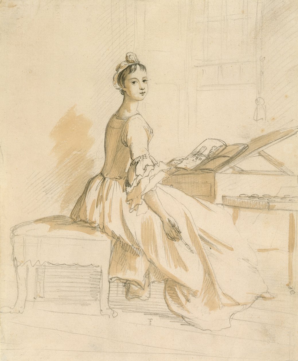Retrato de uma senhora em uma mesa de desenho (grafite e tinta marrom no papel) de Paul Sandby