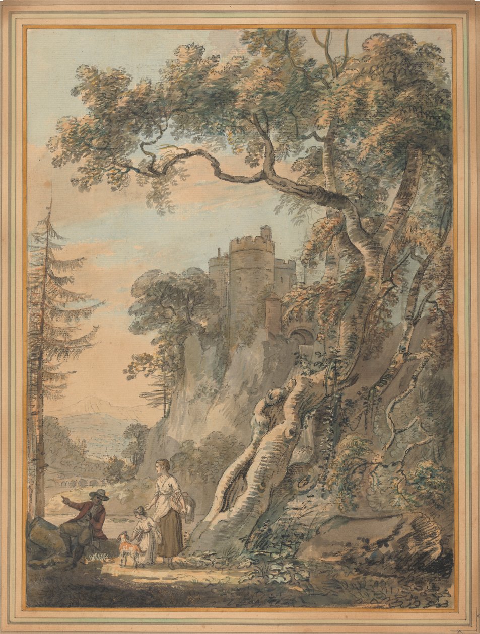 Paisagem Romântica - Camponeses ao pé de um Castelo em Crag de Paul Sandby