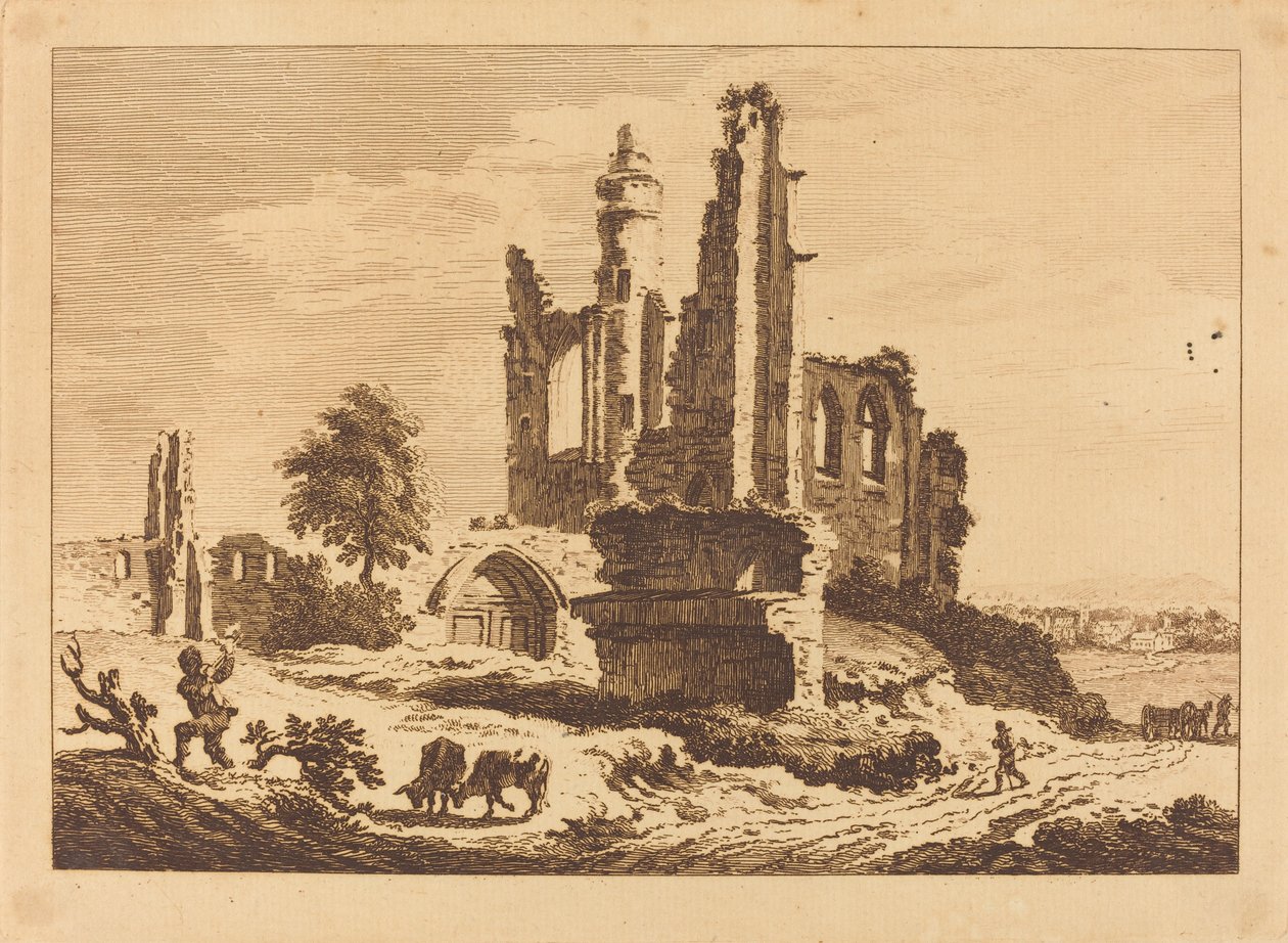 Abadia arruinada com gado e um homem cortando madeira de Paul Sandby