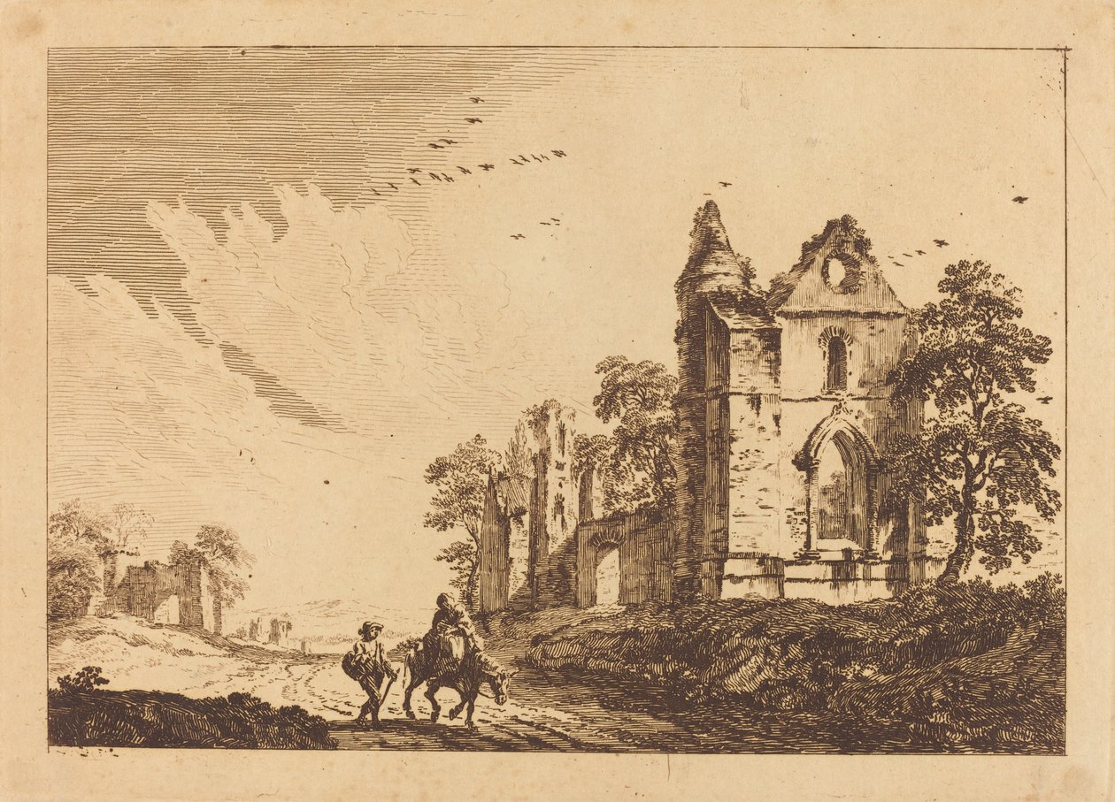 Abadia em ruínas com viajantes na estrada de Paul Sandby