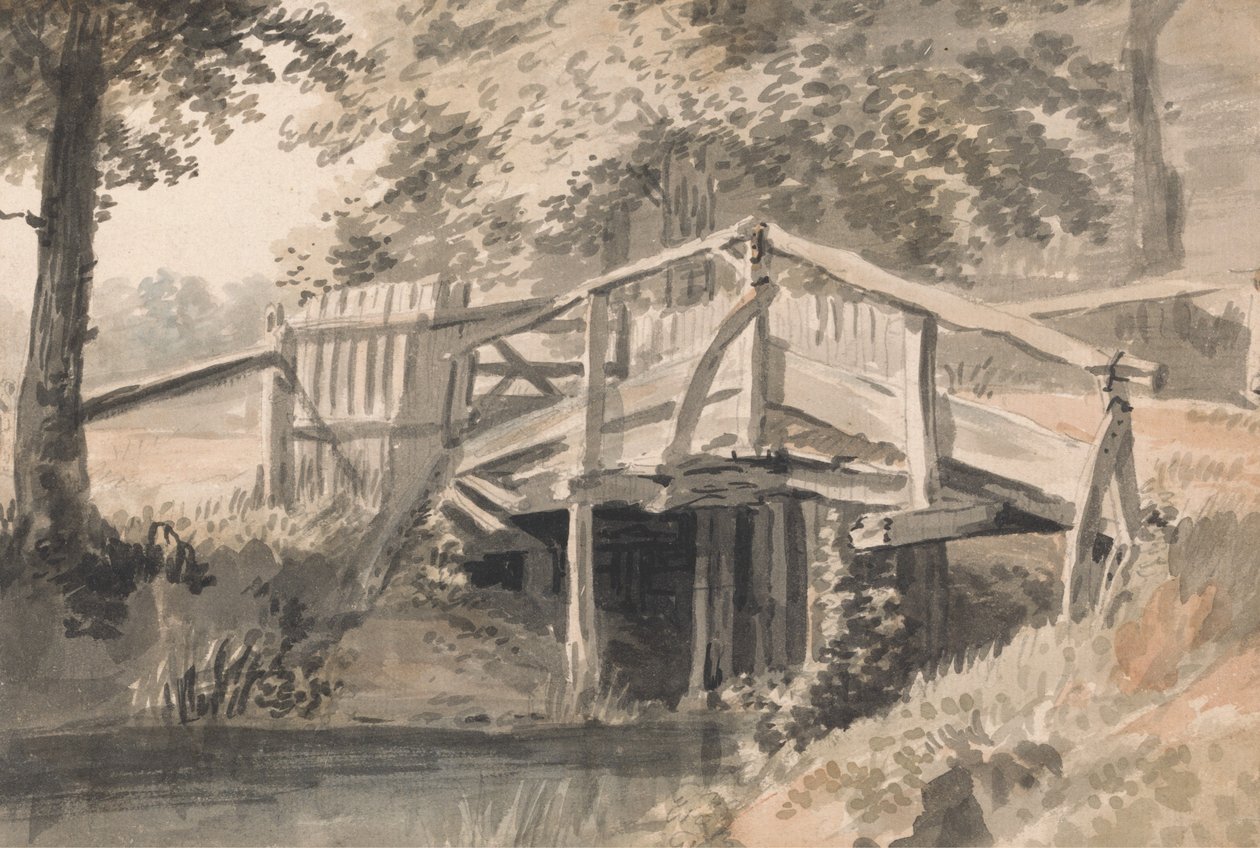 Ribeiro e ponte de madeira de Paul Sandby