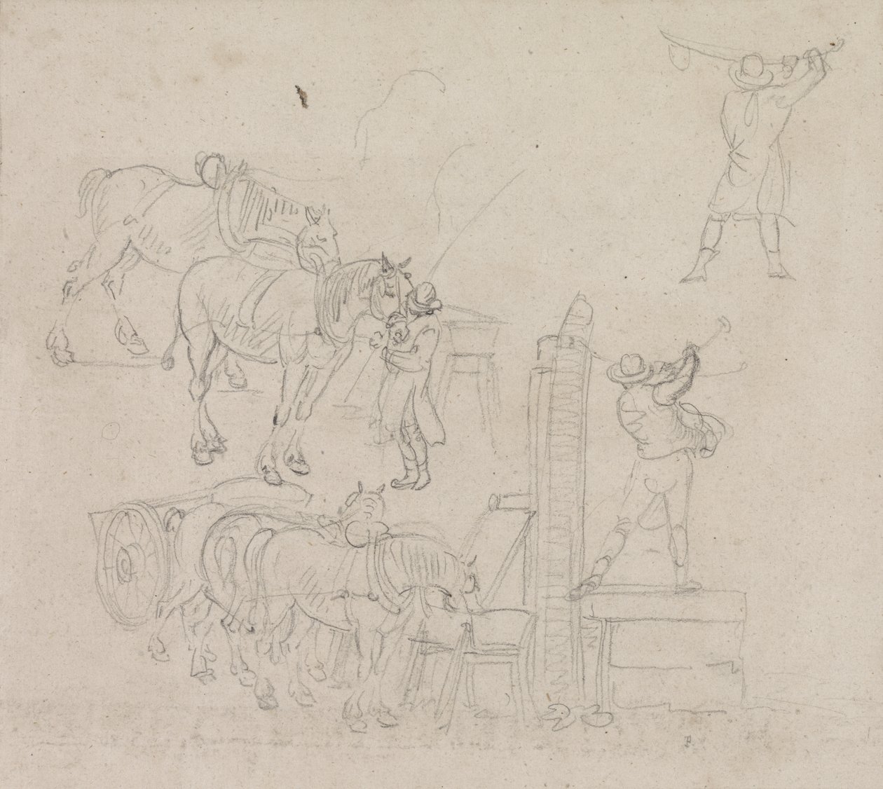 Estudos de um carroceiro bombeando água para seus cavalos (lápis no papel) de Paul Sandby