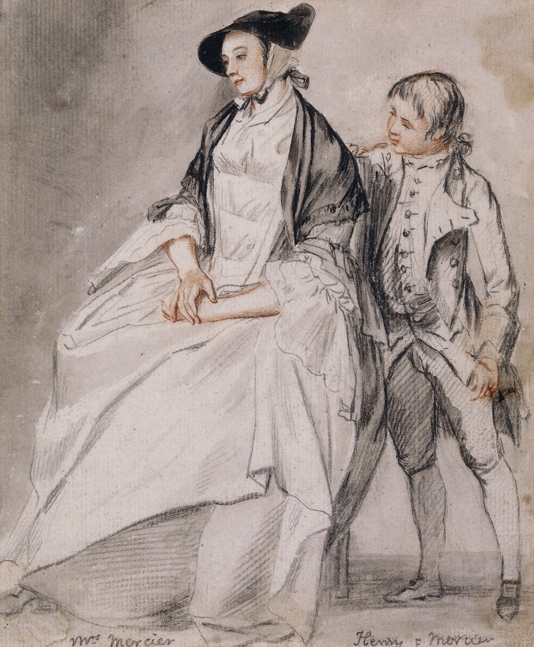 Estudo da Sra. Mercier sentada em uma cadeira, e seu filho mais novo, Henry Mercier, de pé atrás dela, de Paul Sandby