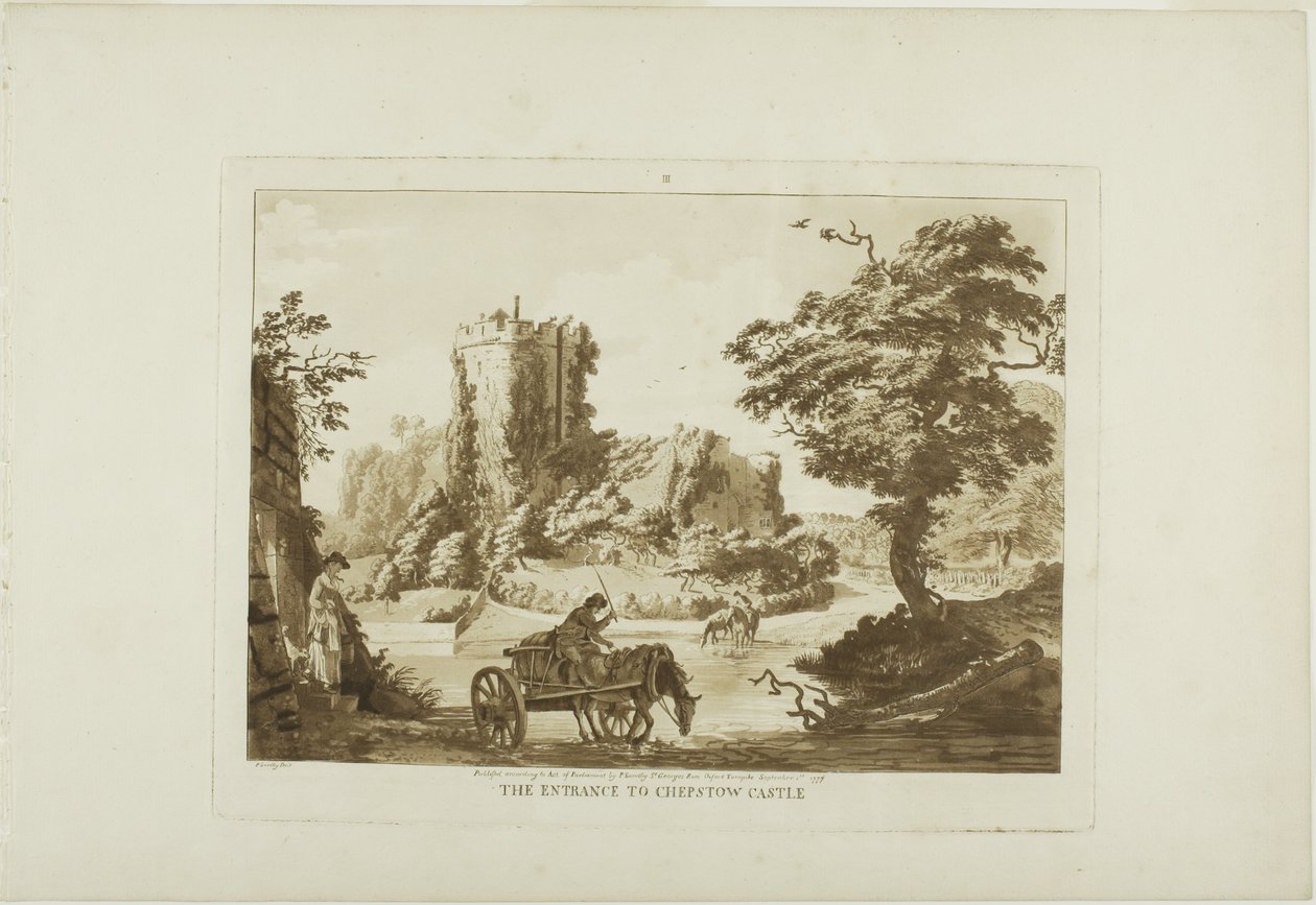 A entrada do castelo de Chepstow, prato três de Doze vistas do País de Gales de Paul Sandby