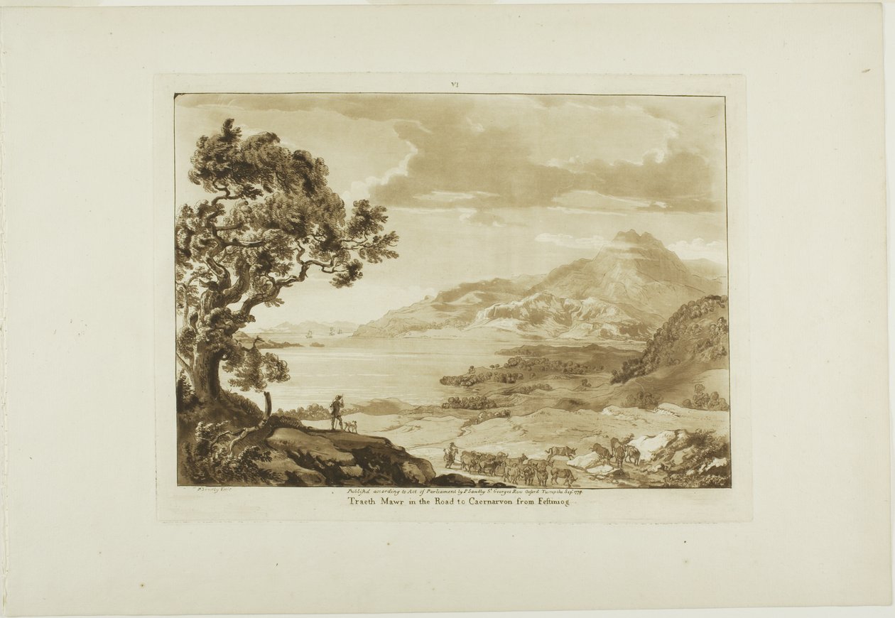 Traeth Mawr na estrada para Caernarvan a partir de Fistiniog, placa seis de Twelve Views in Wales de Paul Sandby
