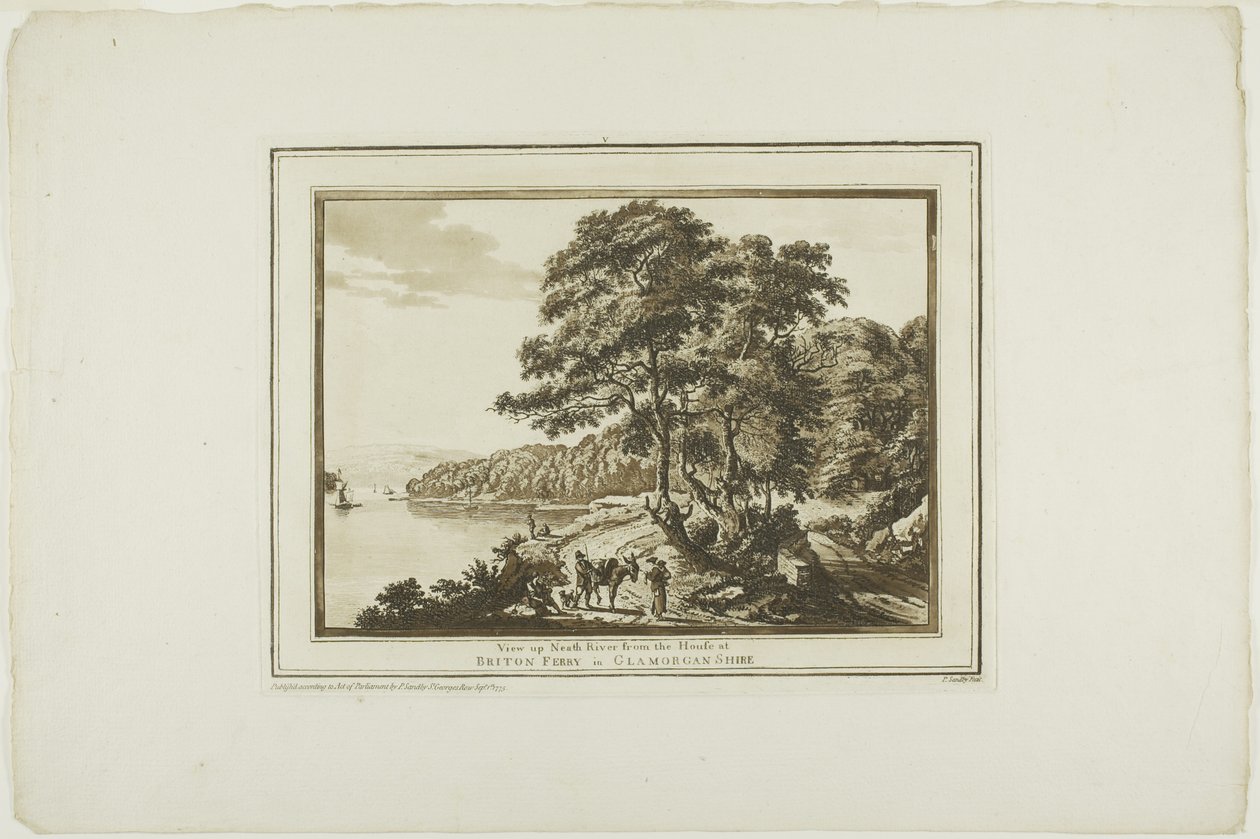 Veja Neath River da casa em Briton Ferry em Glamorgan Shire, de Twelve Views in Aquatinta de desenhos feitos no local no sul de Gales de Paul Sandby