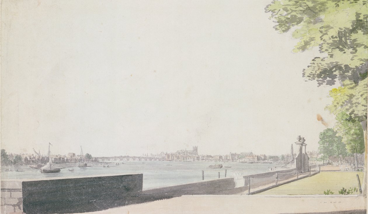 Vista do jardim da casa de Somerset, olhando para a ponte de Westminster, 1756 de Paul Sandby