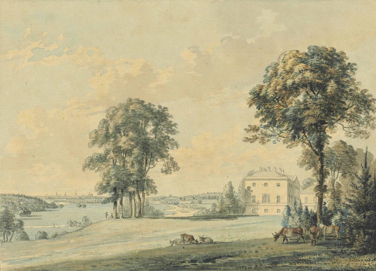 Vista da casa de Nuneham, Nuneham Courtenay, os pináculos de Oxford além de Paul Sandby