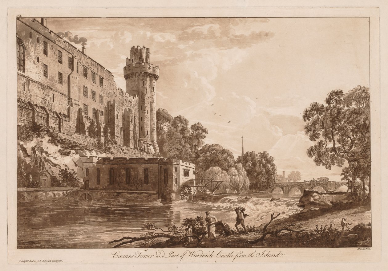 Vistas do castelo de Warwick: Caesars ower e parte do castelo de Warwick da ilha, 1776. de Paul Sandby