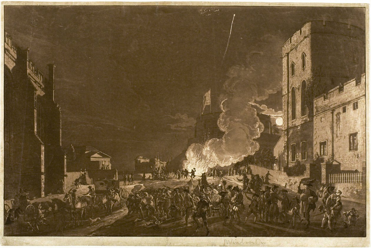 Castelo de Windsor do tribunal inferior no dia 5 de novembro - fogos de artifício de Paul Sandby