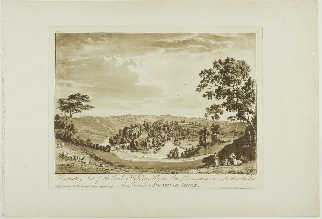 Wynnstay, Sede de Sir Watkin Williams Wynn Bart de uma casa de campo acima da nova ponte sobre o rio Dee, Denbigh Shire de Paul Sandby