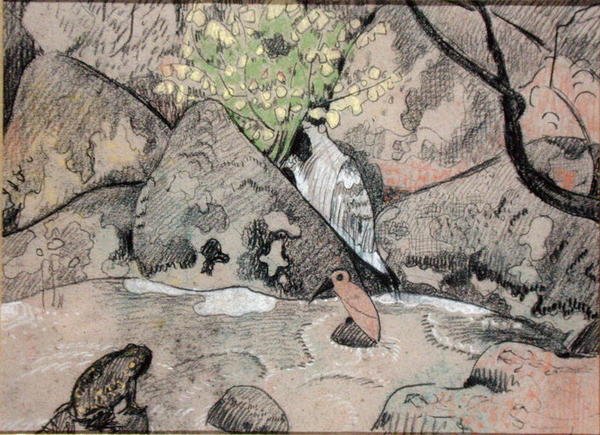 Paisagem com um Pássaro e um Sapo (carvão e pastel sobre papel) de Paul Sérusier