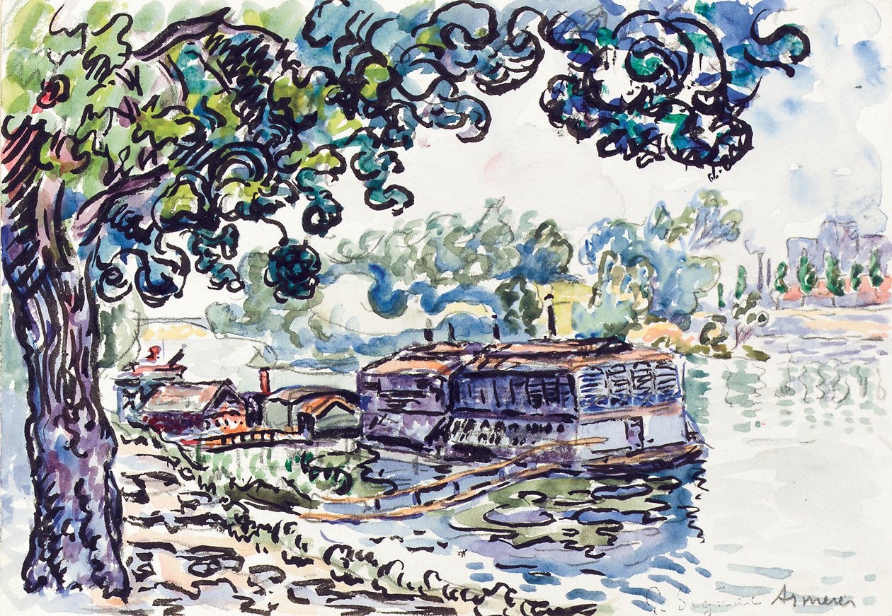 Asnières, c.1900-05 (w - c, pincel e tinta preta sobre lápis no papel) de Paul Signac