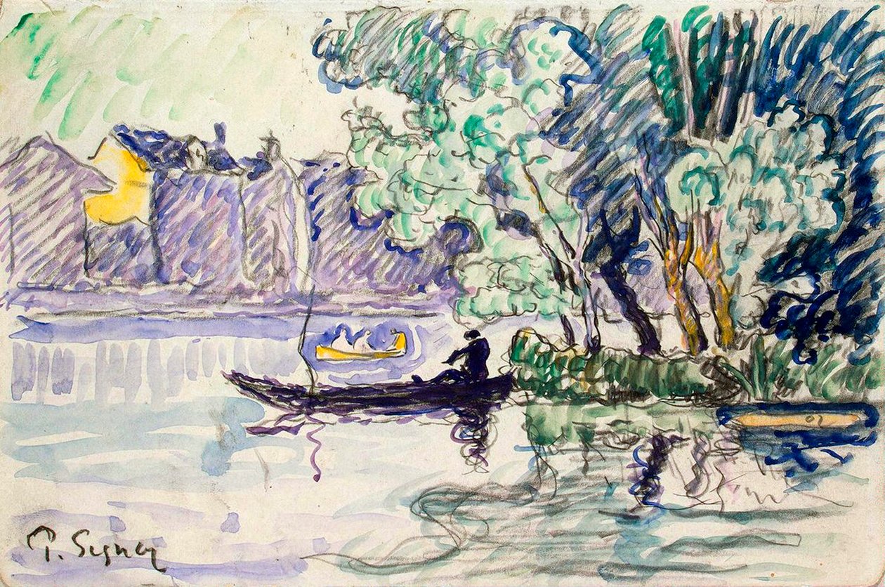 Pescador em um barco perto de um banco do Sena, c1900 de Paul Signac