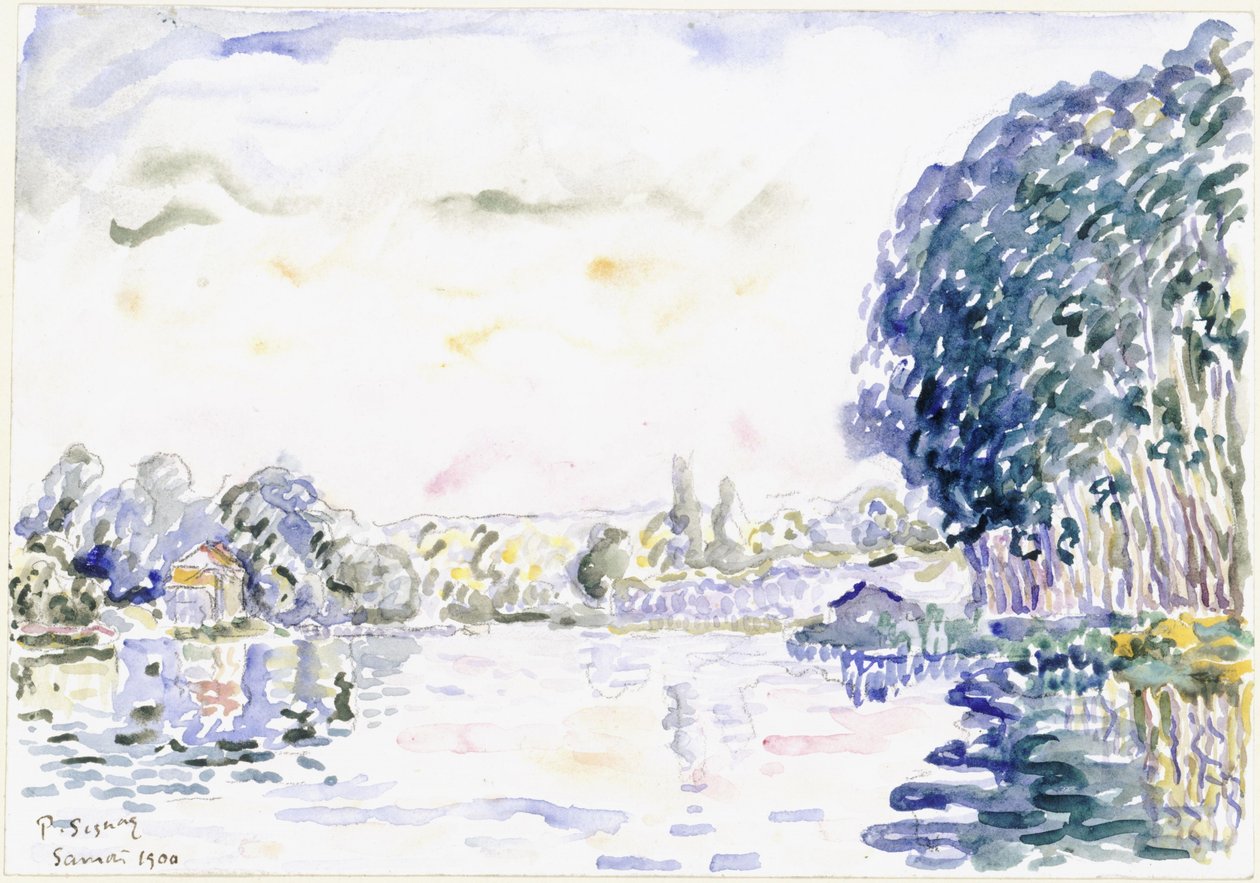 Paisagem fluvial com casinha e árvores de Paul Signac