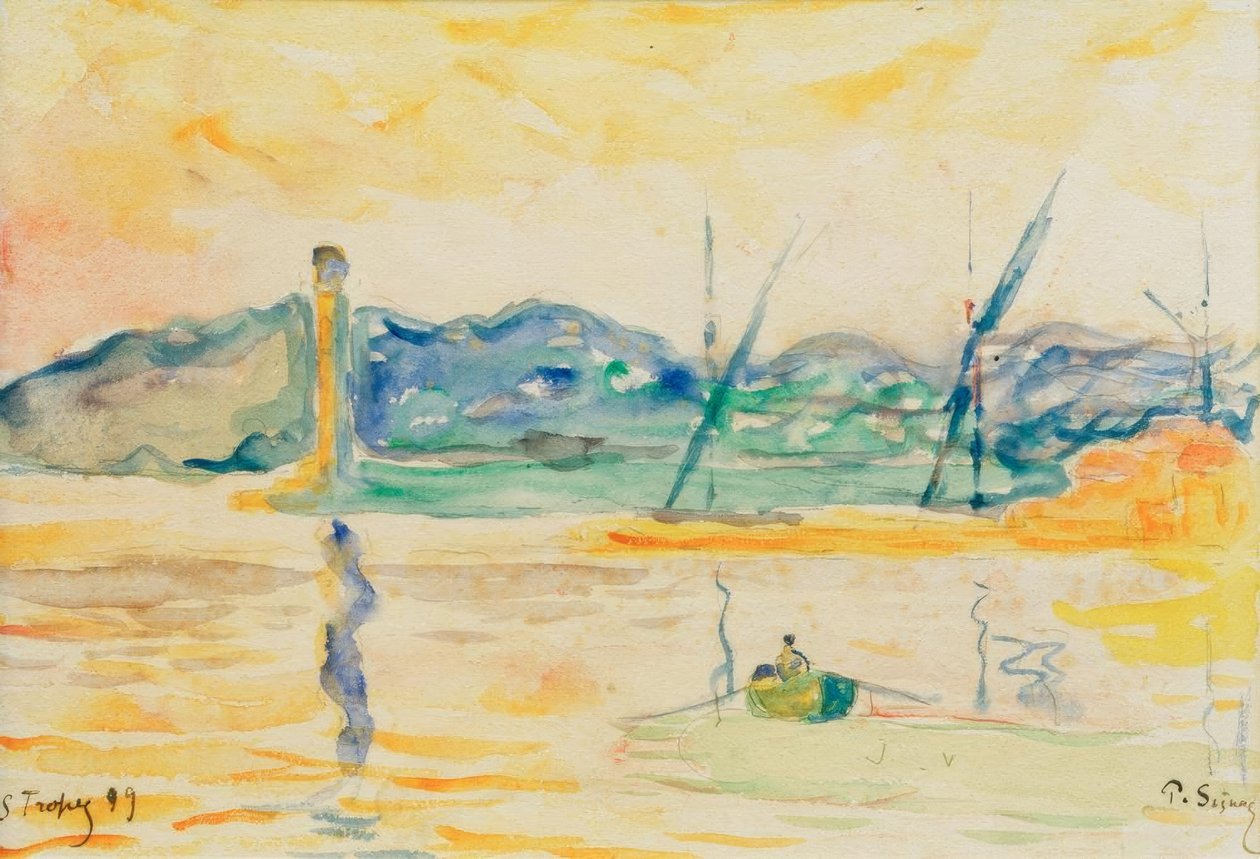 Entrada portuária de Saint-Tropez ao pôr do sol de Paul Signac