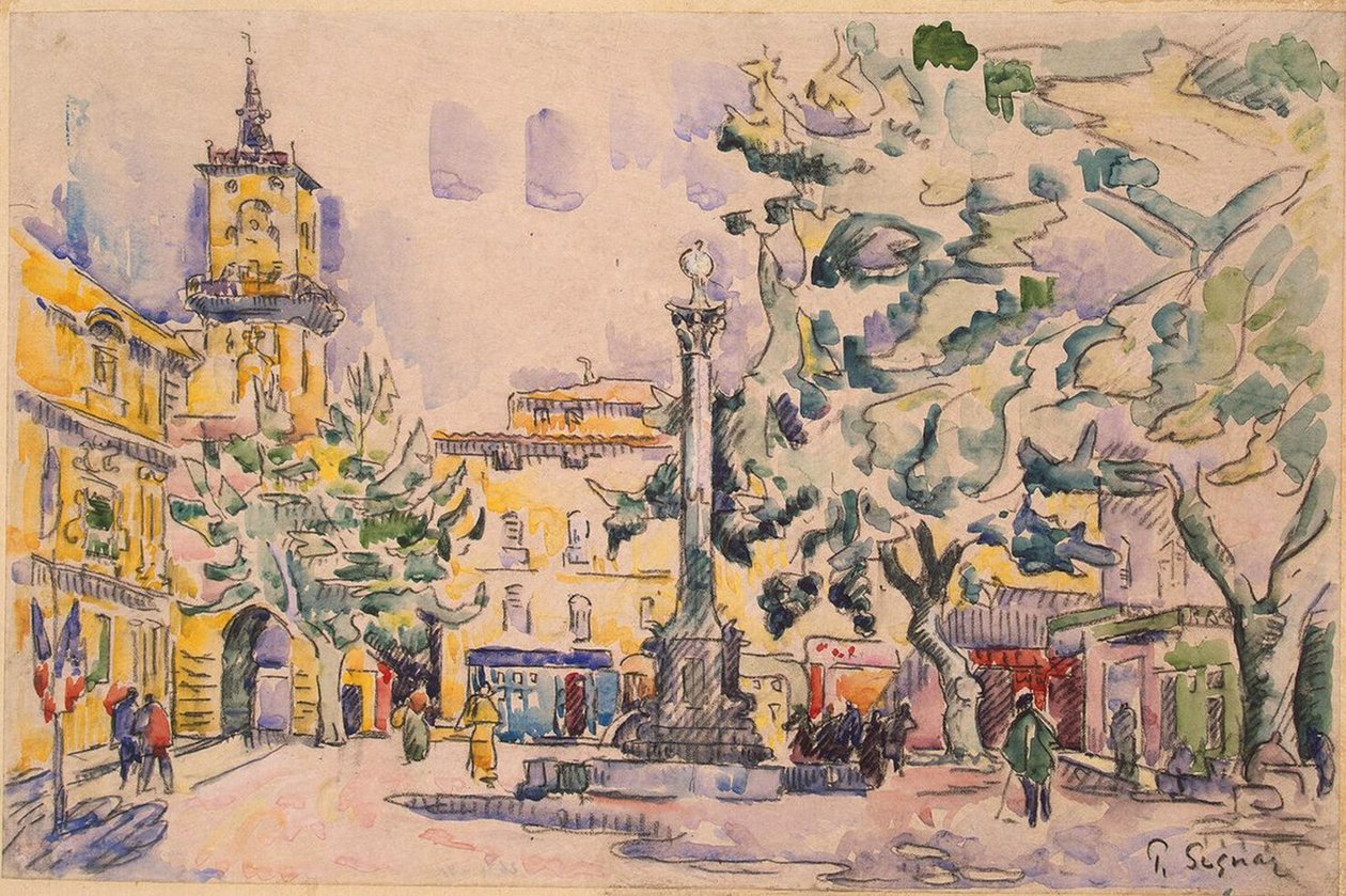 Praça do Hotel de Ville em Aix-en-Provence (caneta e tinta com aquarela e guache sobre papel) de Paul Signac