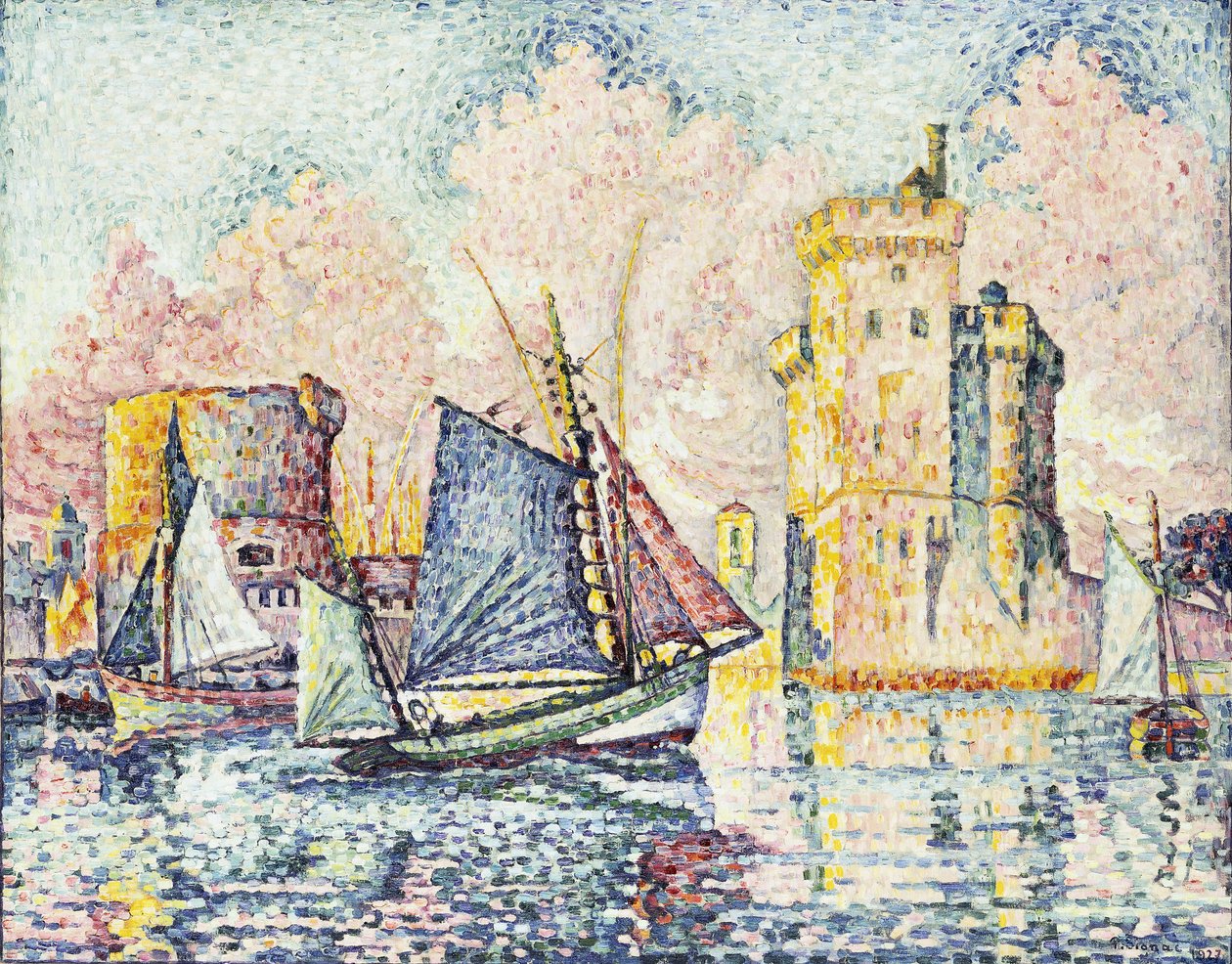 Barco de atum entrando no porto de La Rochelle, configuração; Le Thonier Entrando no porto de La Rochelle, Couchant, 1927 de Paul Signac