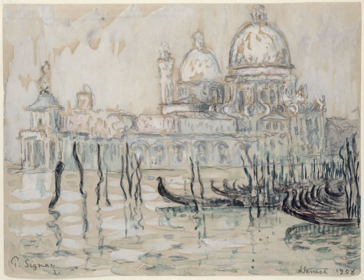 Veneza ou, as gôndolas, 1908 (giz preto e wc no papel) de Paul Signac