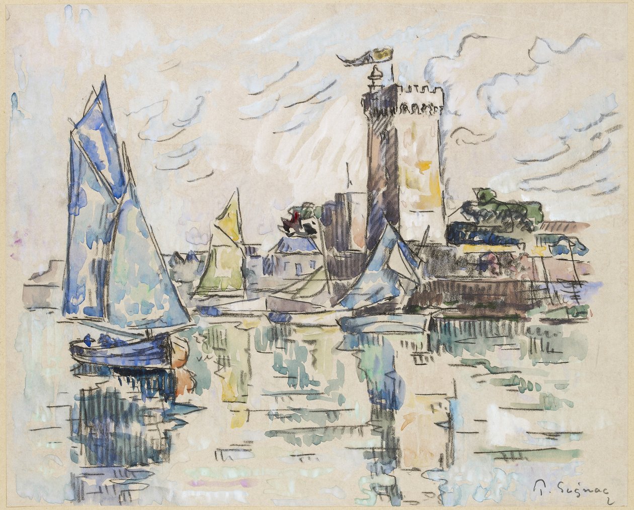 Vista do porto em Les Sables-d&39;Olonne (giz preto com aquarela em papel de seda, colocado sobre papel tufado amarelo pálido) de Paul Signac